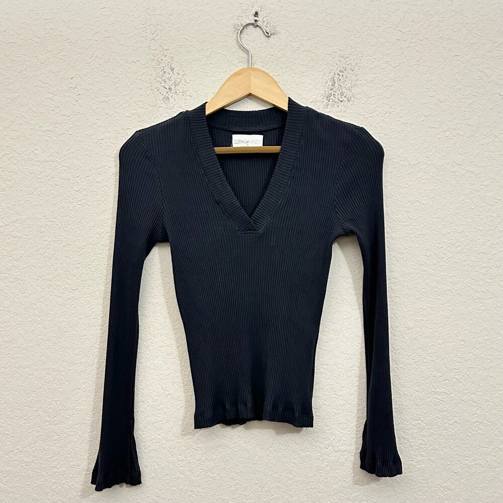 LOSANO Grace Top Black V-Neck Bell Sleeve Ribbed Knit Stretch Goth